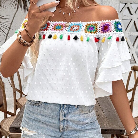 White Boho Women's Off Shoulder Shirt With Colorful Tassel Design - Picture 5 of 6
